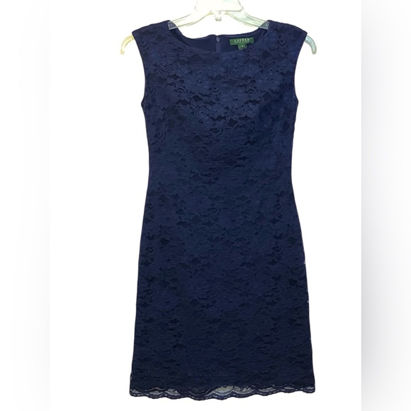 EUC LAUREN RALPH LAUREN Navy Lace Overlay Cap Sleeve Midi Sheath Dress Size 4 - Picture 2 of 14